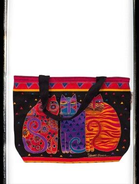 Laurel Burch Colorful Feline Canvas Tote, Small Purse Size